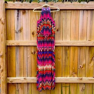 Multi-color Halter Maxi Dress, Chain Embellishment, Button Neck, Ankle Slit